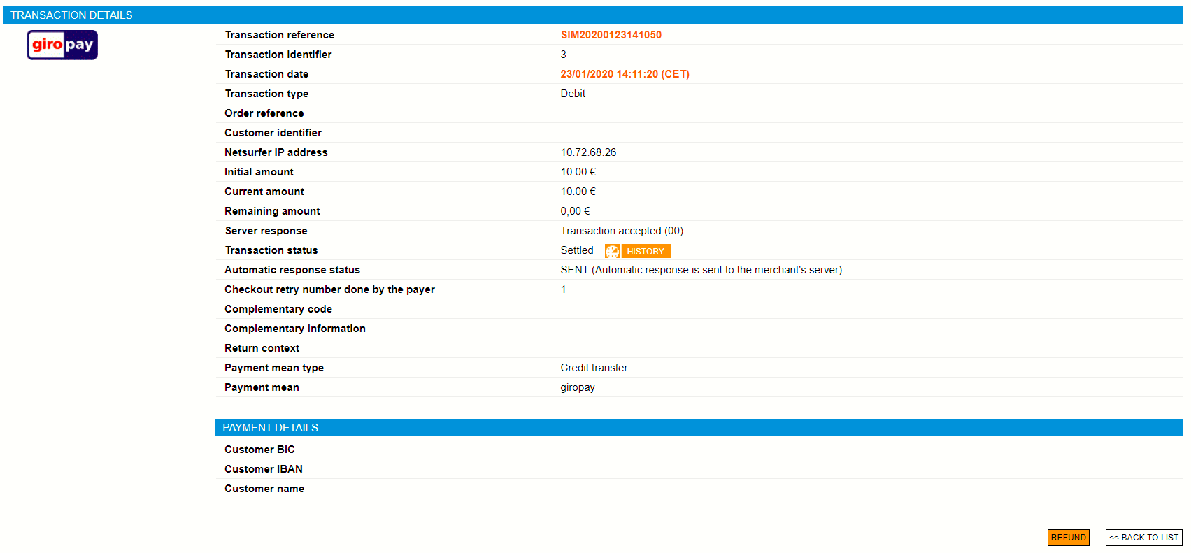 transaction reference, identifier, date and type plus some another information