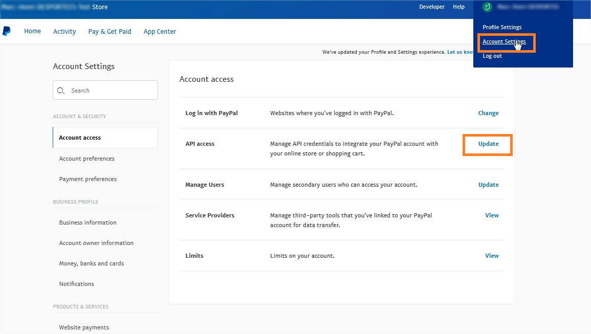 PayPal page screenshot: click on update next to API access