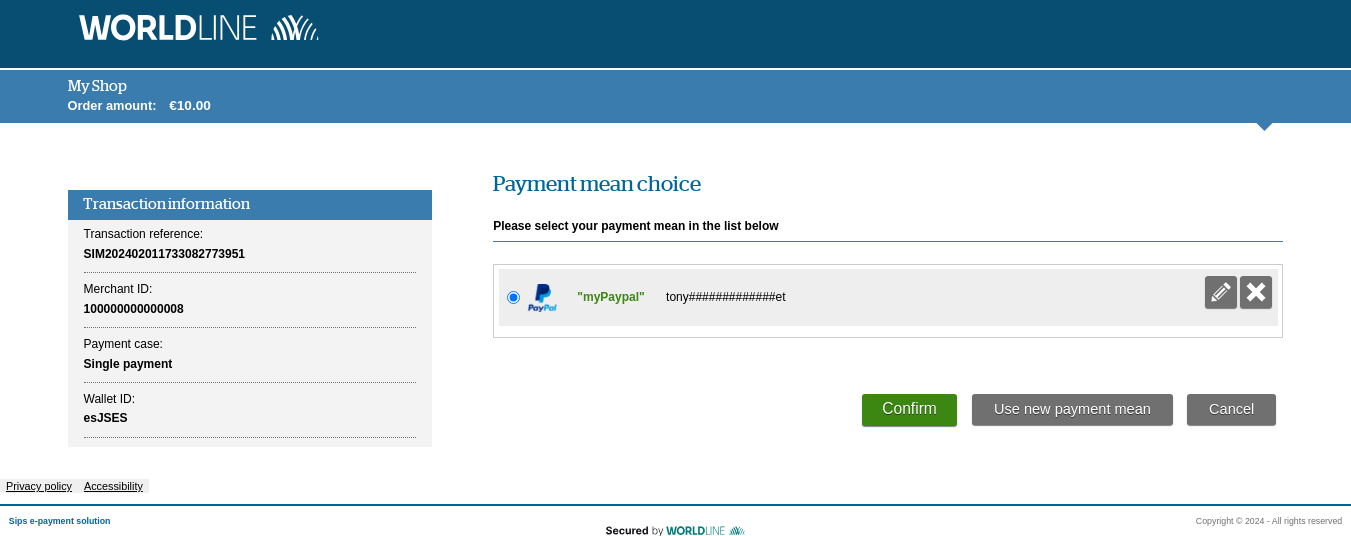 screenshot displaying the existing Paypal wallet