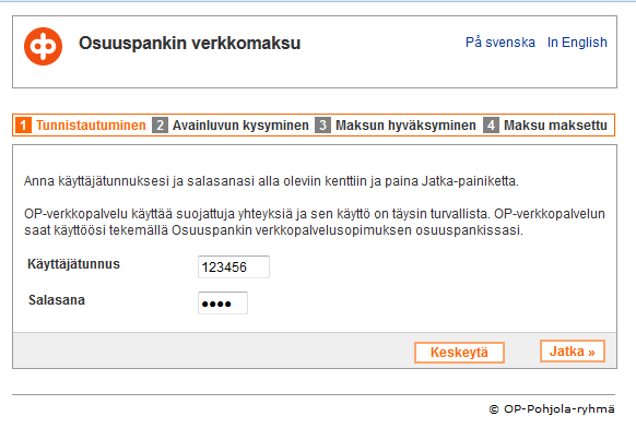 image of the Finnish bank login page