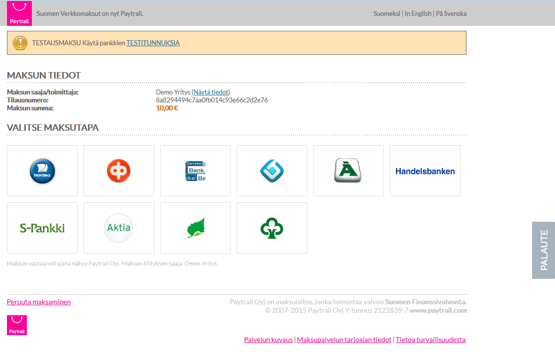 image of the selection page of a Finnish bank