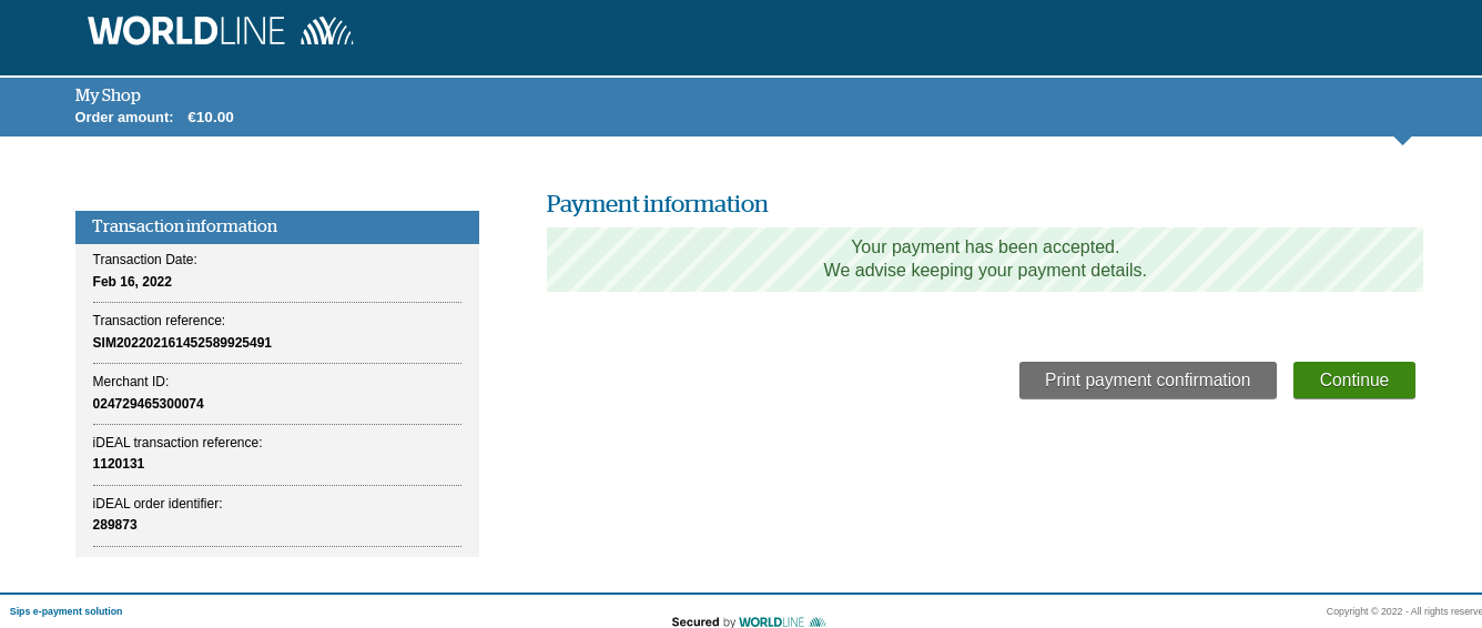 Example of an accepted payment page