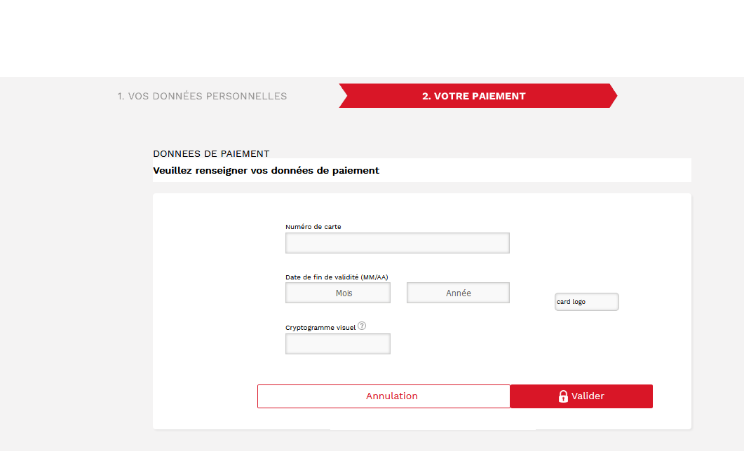 Screenshot showing the input fields for the payment data