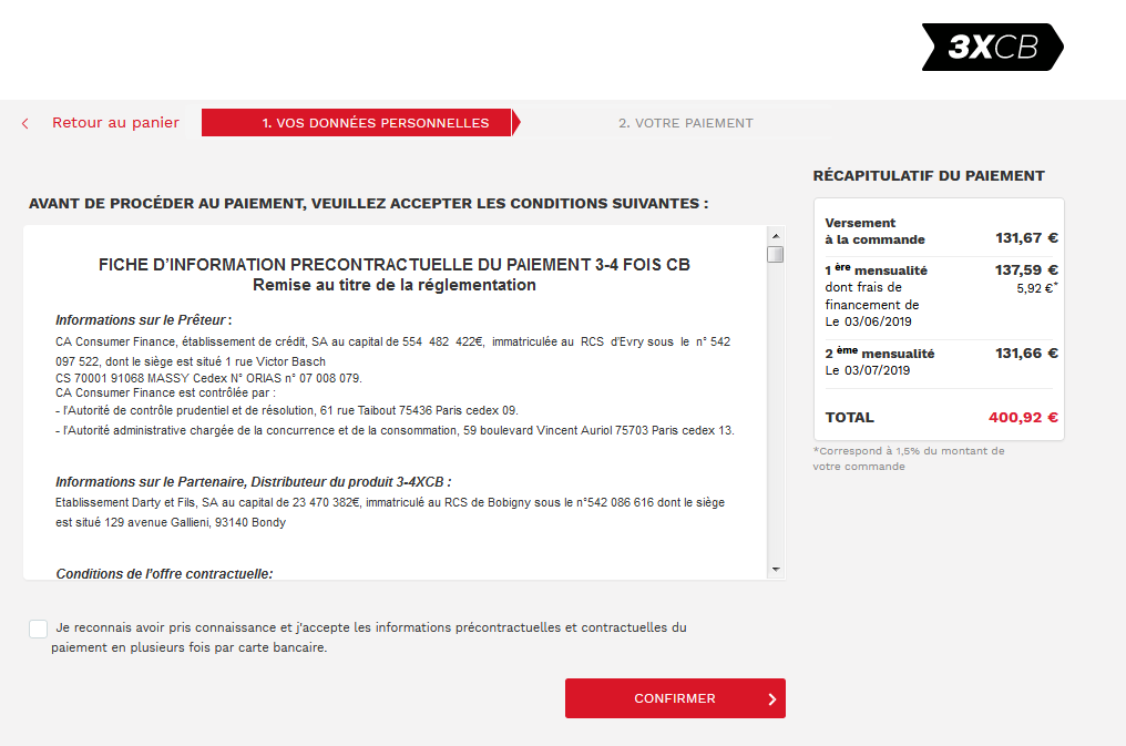 Screenshot of the validation page of the pre-contractual conditions