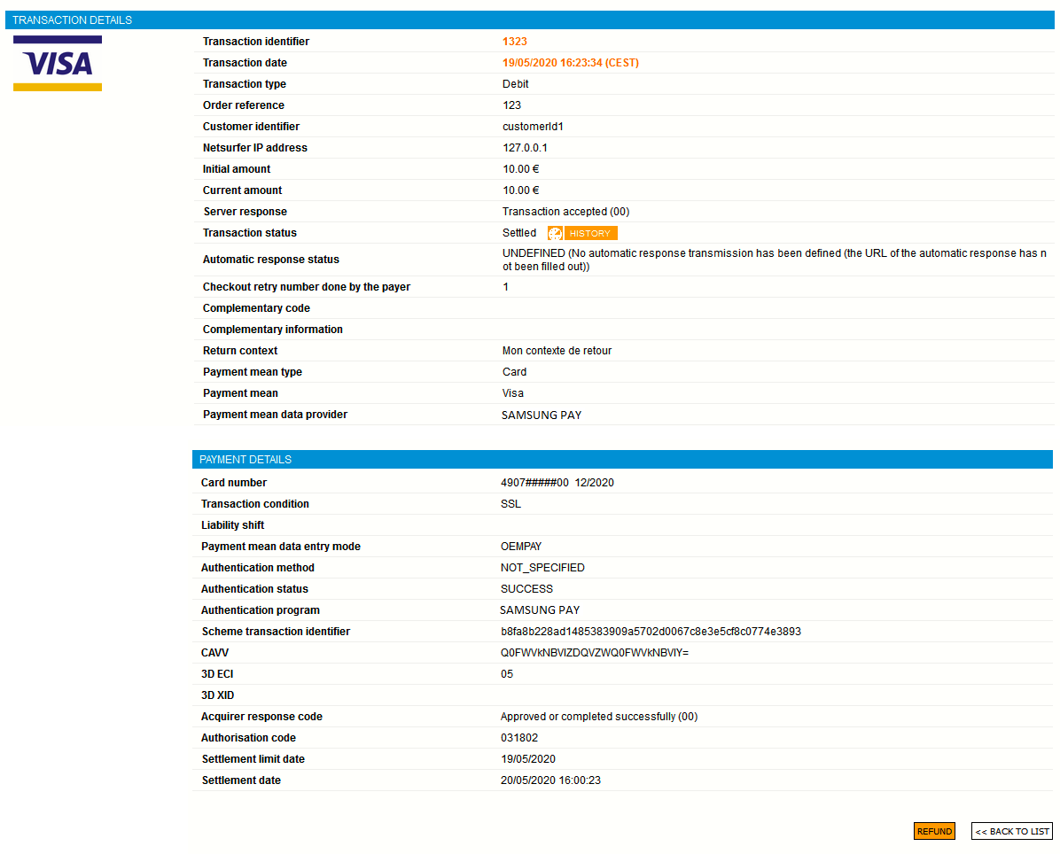 Capture of a Samsung Pay transaction details