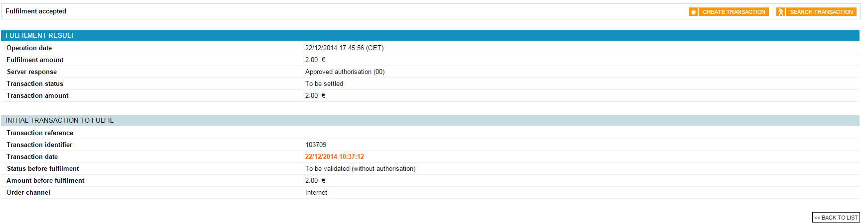 initial fulfilment and fulfilment result summary