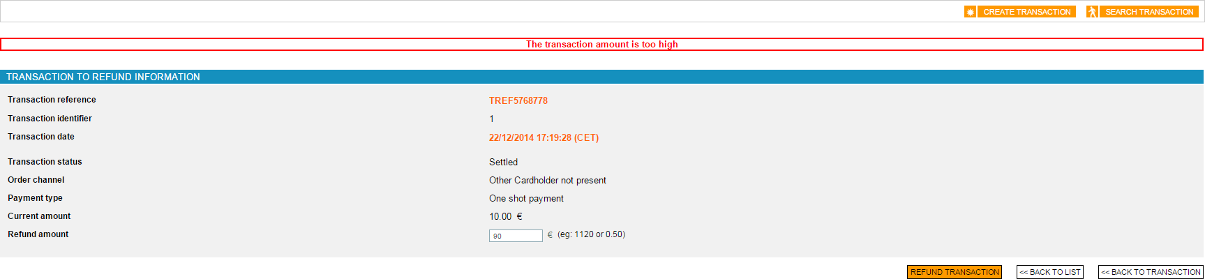 a message indicates that the refund has failed and indicates the transaction data