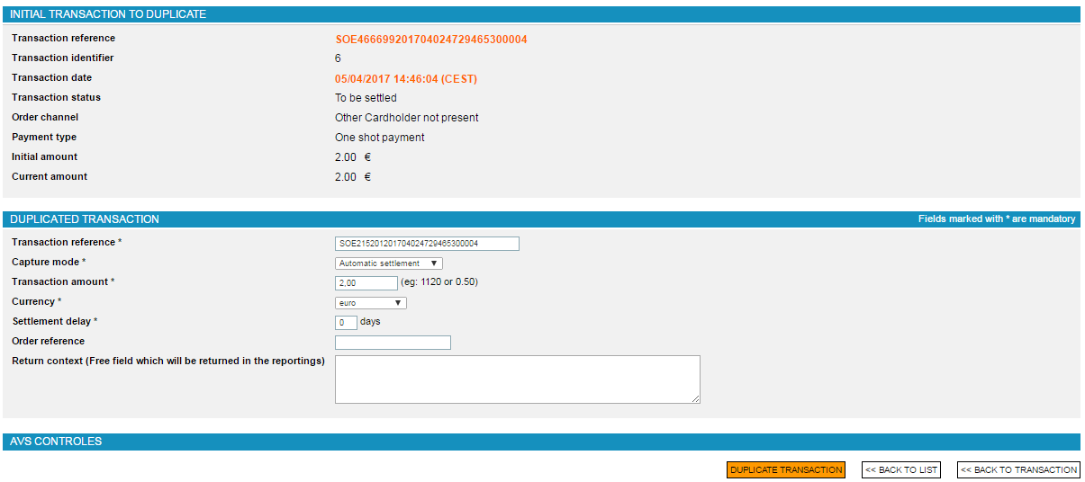 page summarizing the transaction to duplicate and the fields to fill in for the duplicate transaction