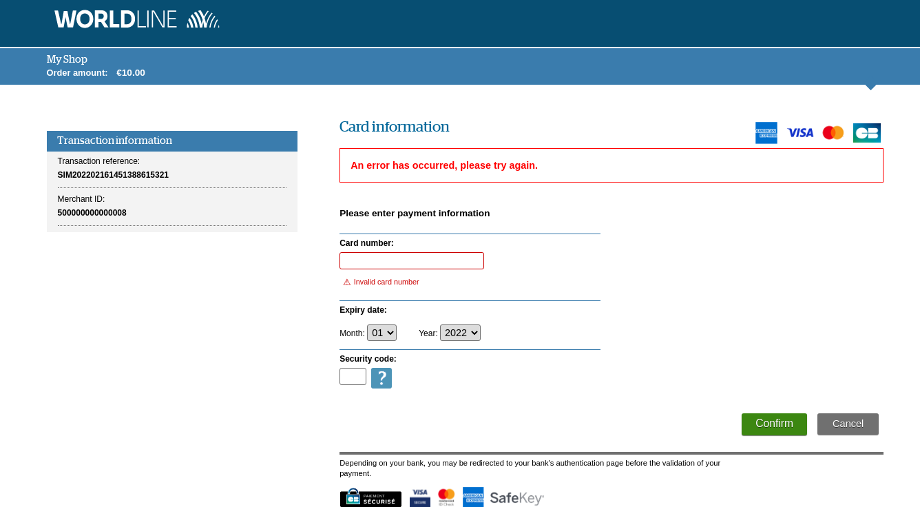 Card data entry page with red boxed error message 