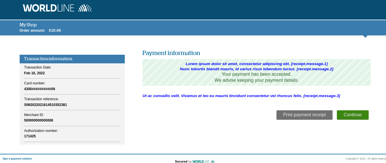 Payment confirmation page with customizable message location 