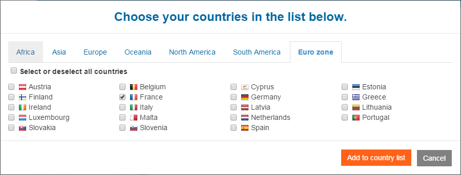 image showing the list of available countries