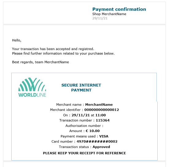 image showing the e-mail message for an accepted payment