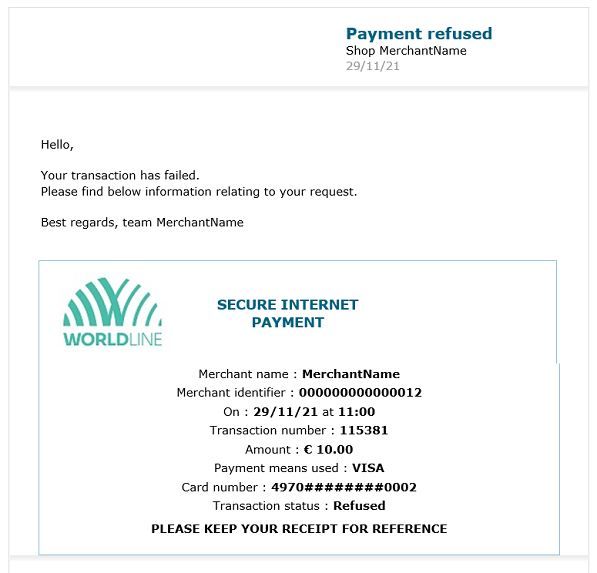 image showing the e-mail message for a refused payment