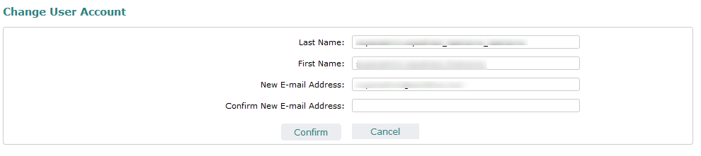 last name, first name, new email address and confirm new email address