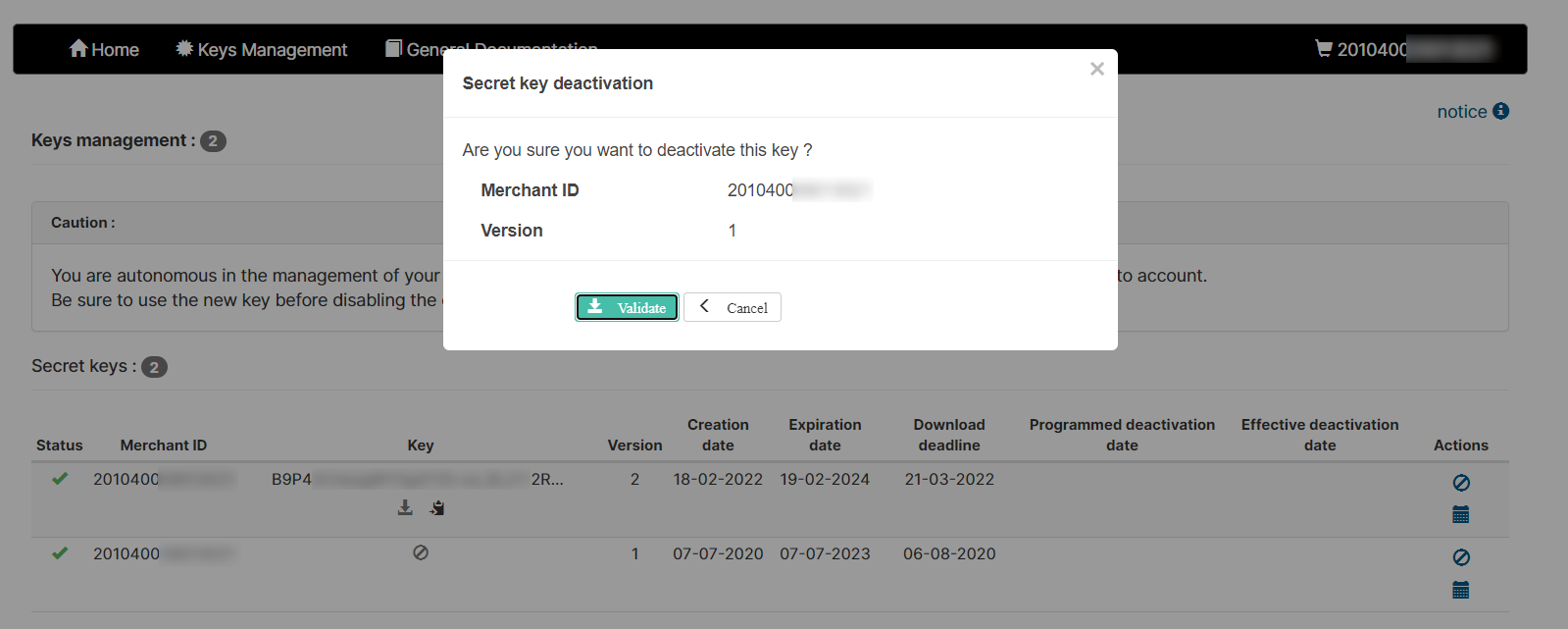 Image showing the key deactivation window