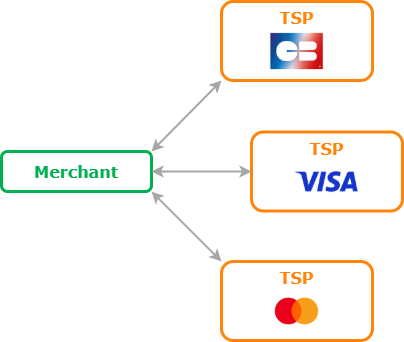 Schema describing relationships between the merchant, Worldline and various TSP