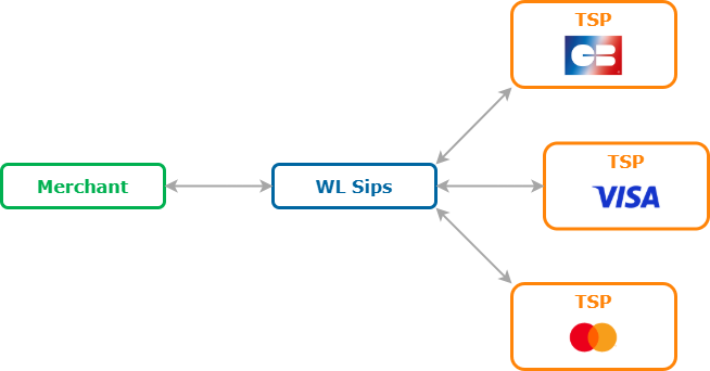 Schema describing relationships between the merchant, Worldline and various TSP