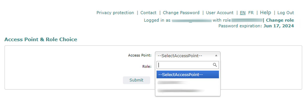 2 drop-down lists for choosing an access point and a role