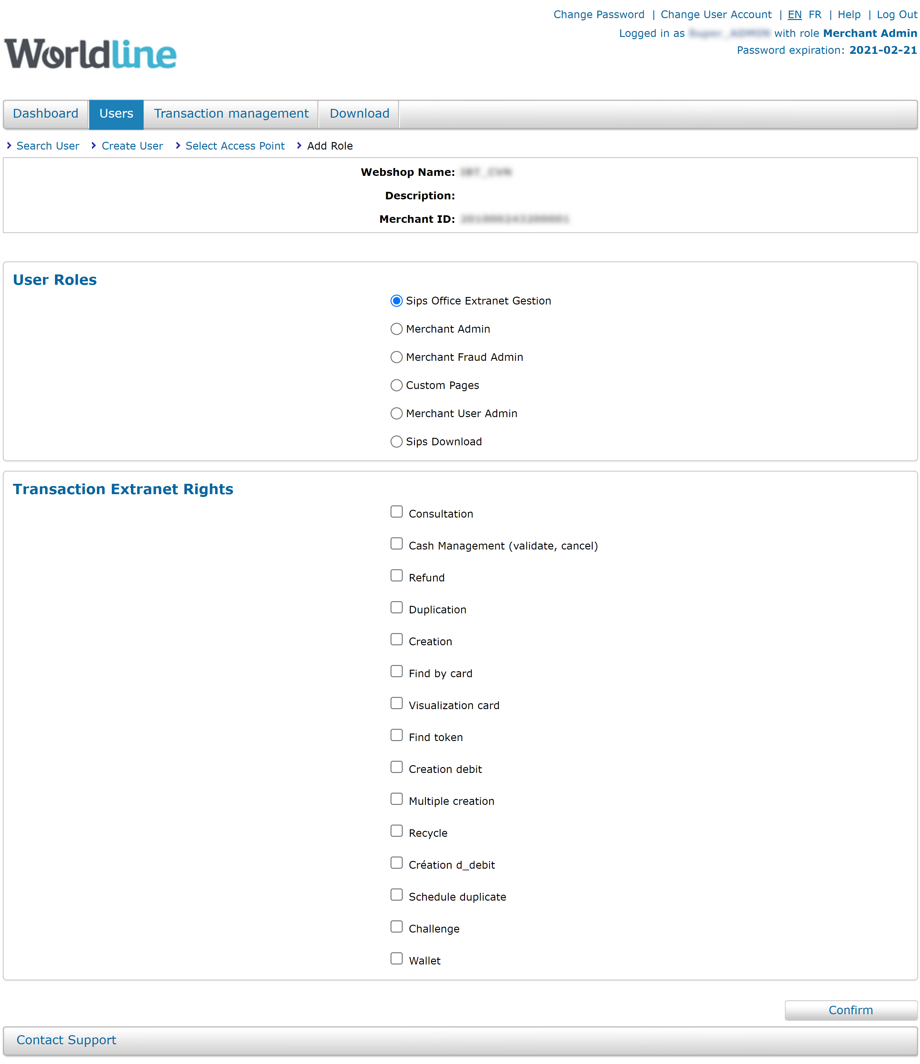 Screenshot of the the user management MEX page