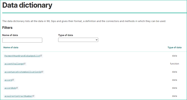 Screenshot of the data dictionary