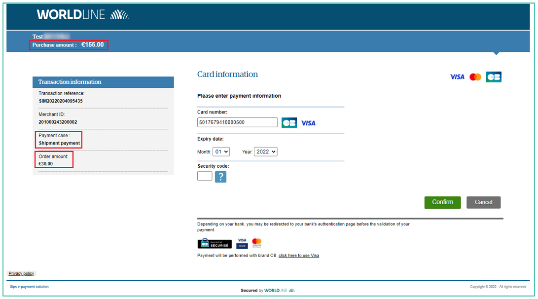Screenshot of an example of multiple payment on shipment