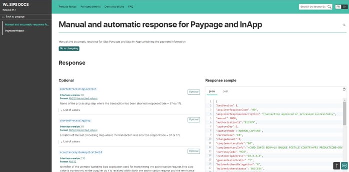 image showing the fields of the response for paypage with a code sample