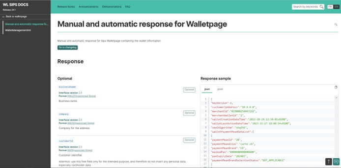 image showing the fields of the response for walletpage with a code sample
