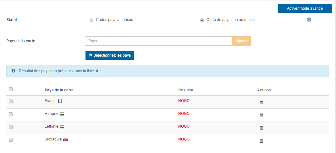 image de la section de configuration des pays autorisés ou interdits par la règle