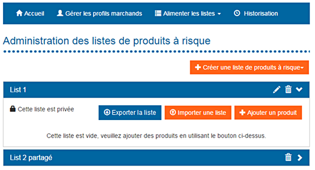 image de la page d'administration des listes de produits à risque