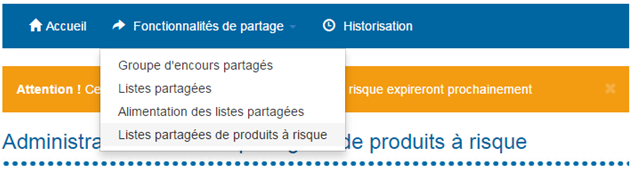 onglet fonctionnalités de partage puis listes partagées de produits à risque