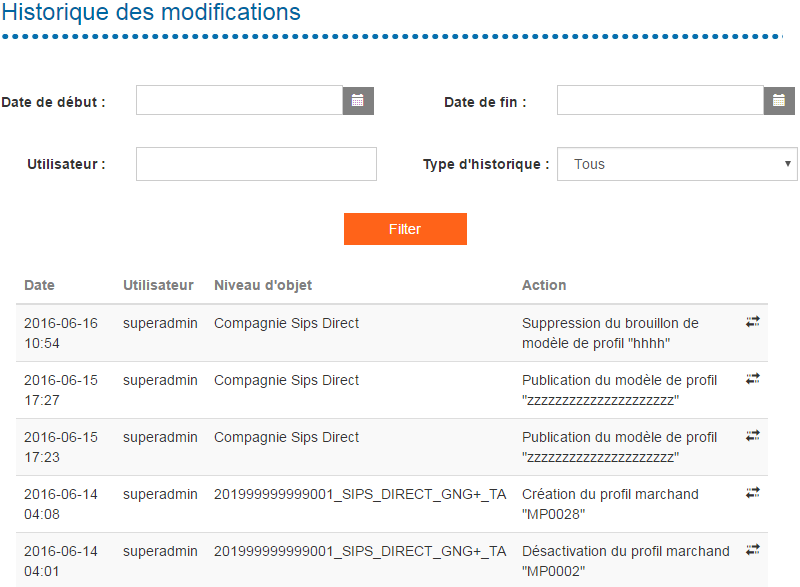 capture d'écran de l'historique des modifications