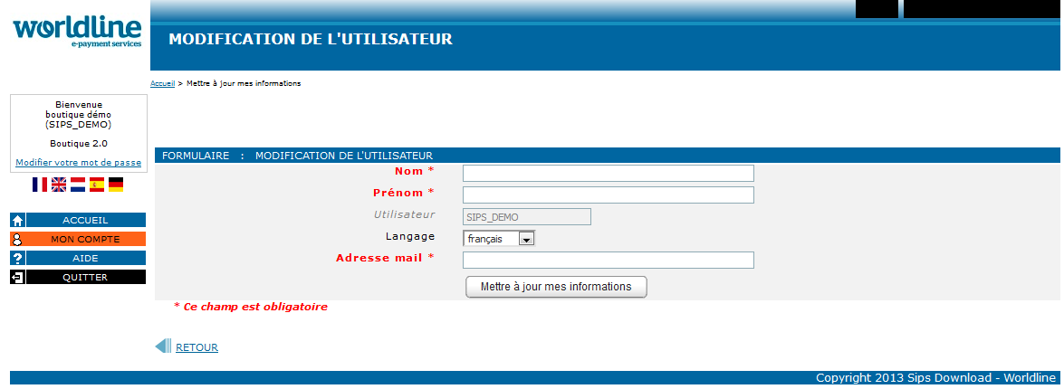 Page de modification des données de l'utilisateur 