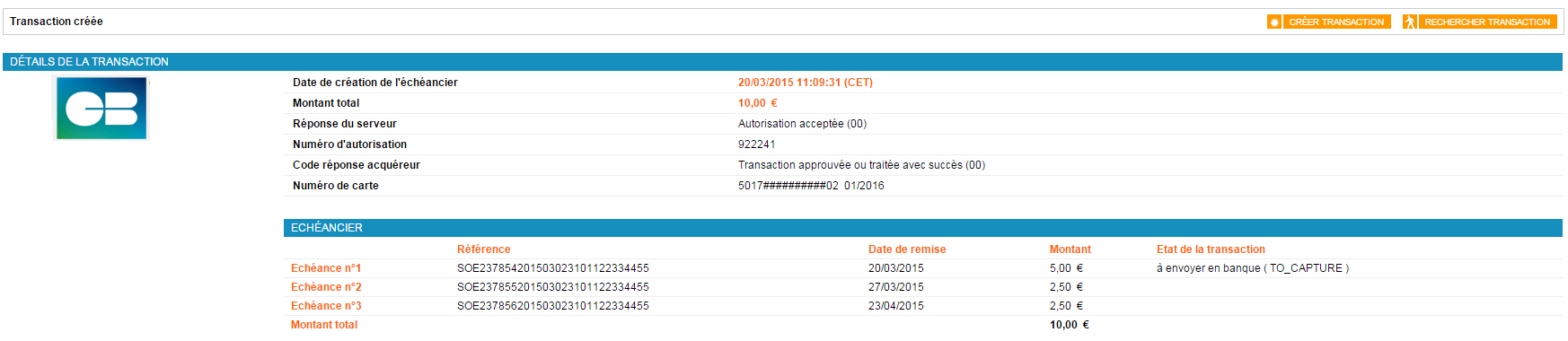 détails de la transaction créée