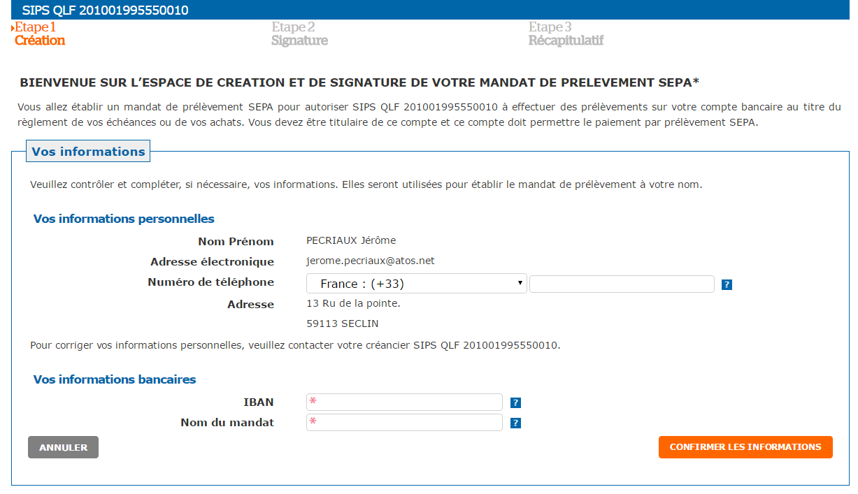 esapce de création et de signature du mandat de prélevement SEPA