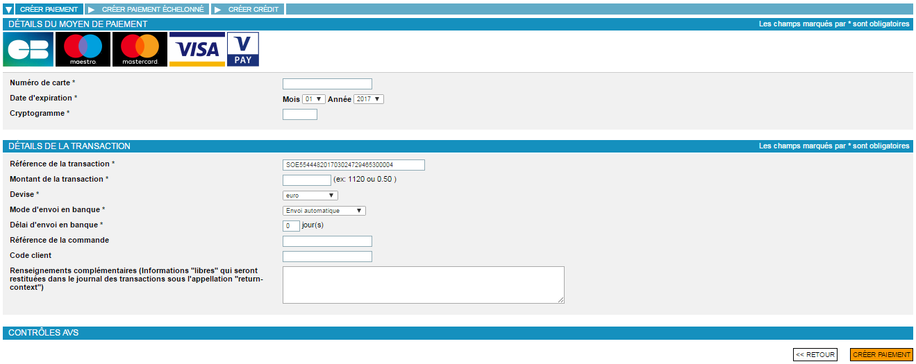 Page de saisie des caractéristiques du paiement dont le moyen de paiement