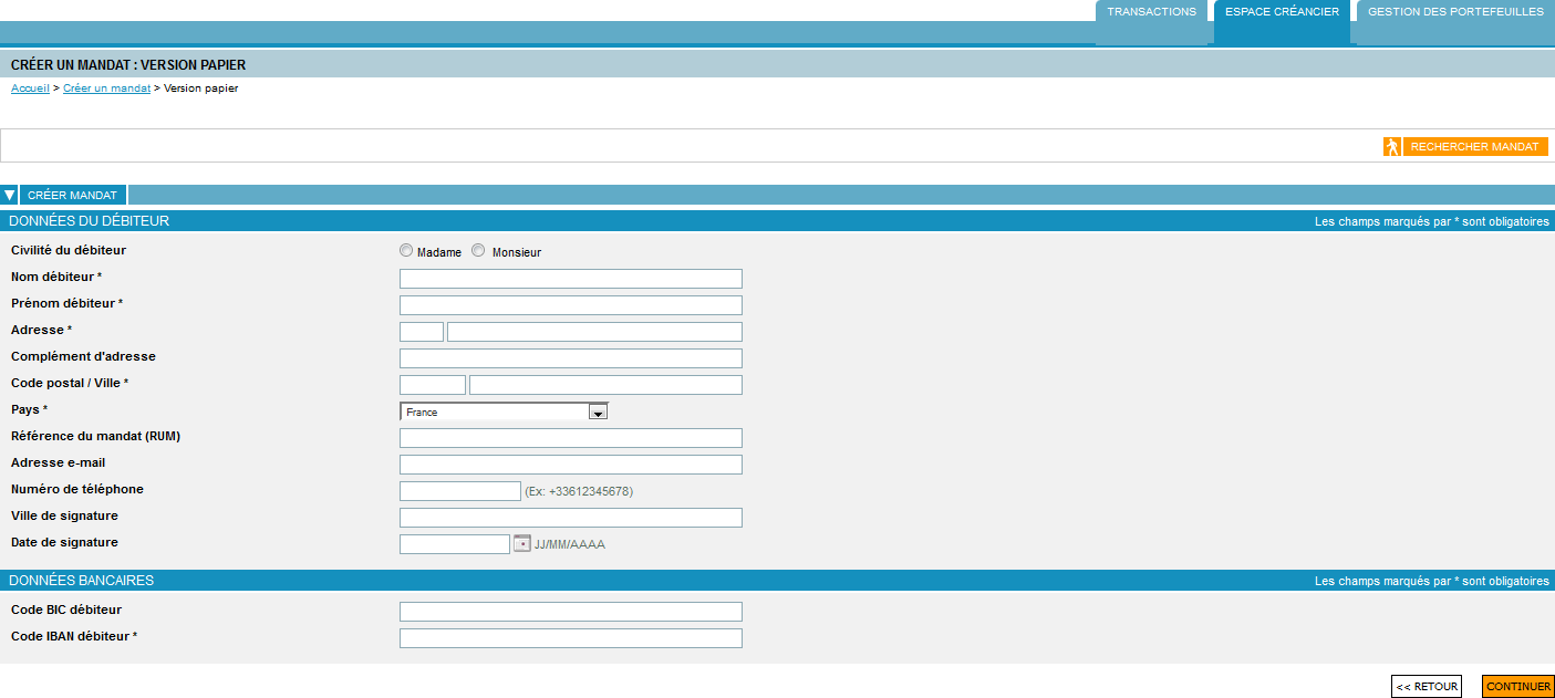 page de création d'un mandat en version papier