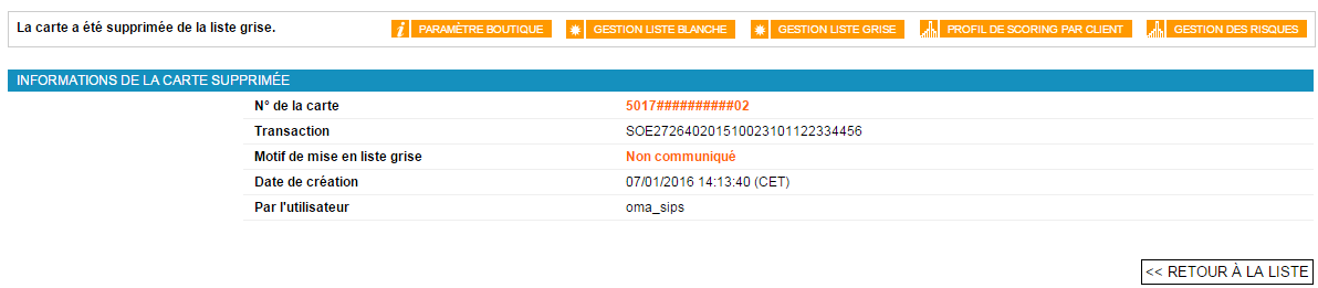 la carte a été supprimée de la liste grise plus informations de la carte supprimée