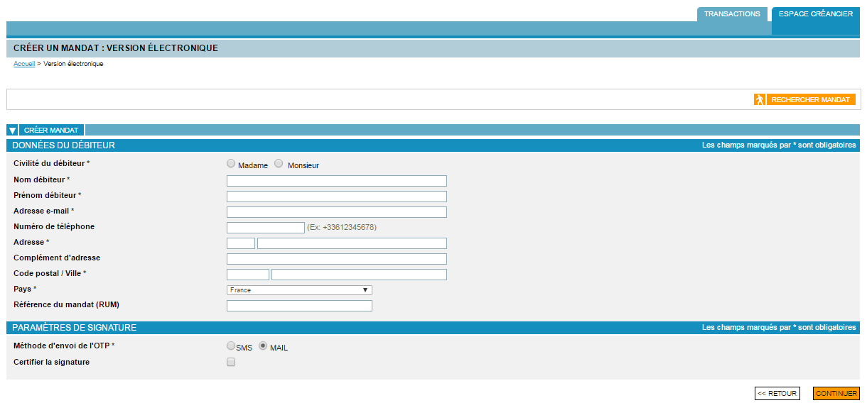 page de création d'un mandat en version électronique