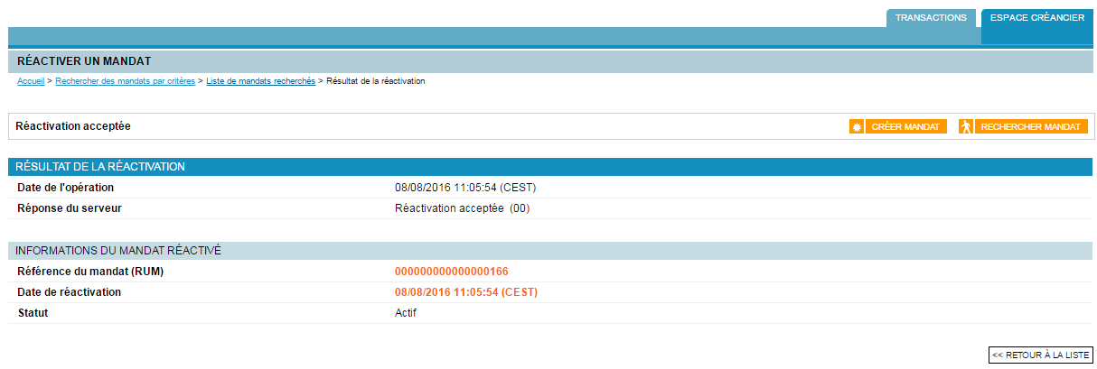 page de confirmation de réactivation du mandat