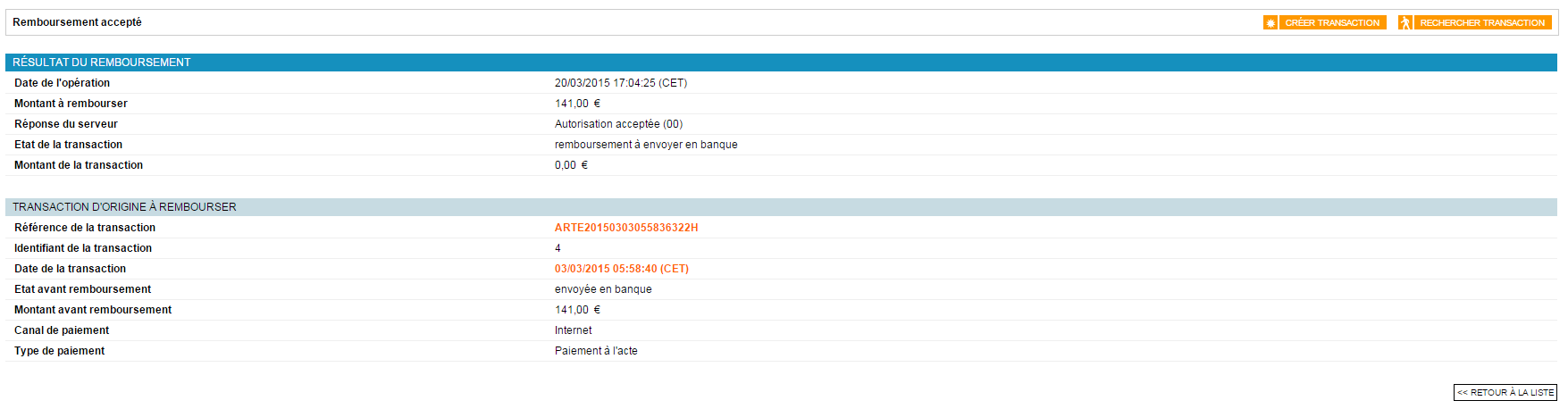 résultat du remboursement et information de la transaction d'origine
