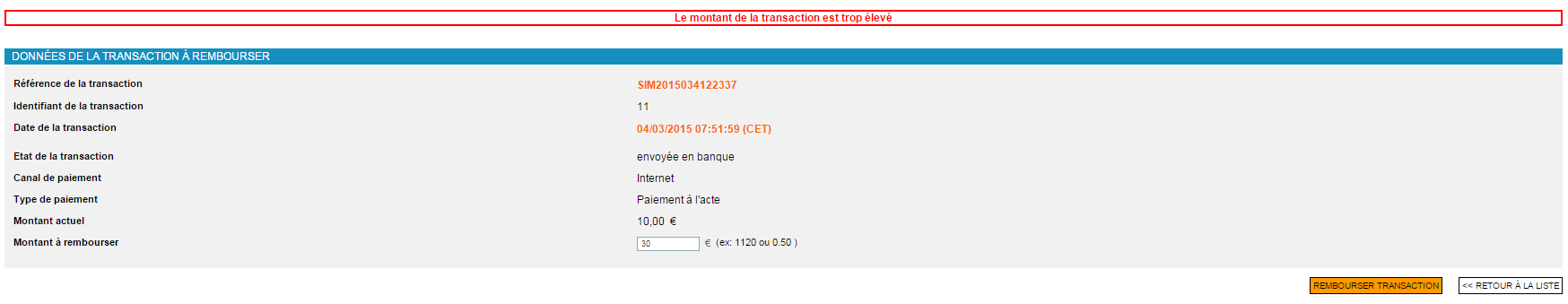 un message indique que le remboursement a échoué et lindique es données de la transaction