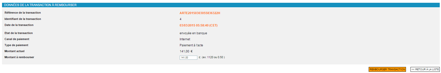 données de la transaction à rembourser