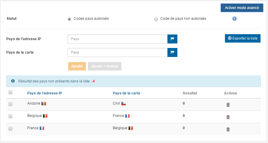 image montrant la liste des couples de pays autorisés ou interdits par la règle