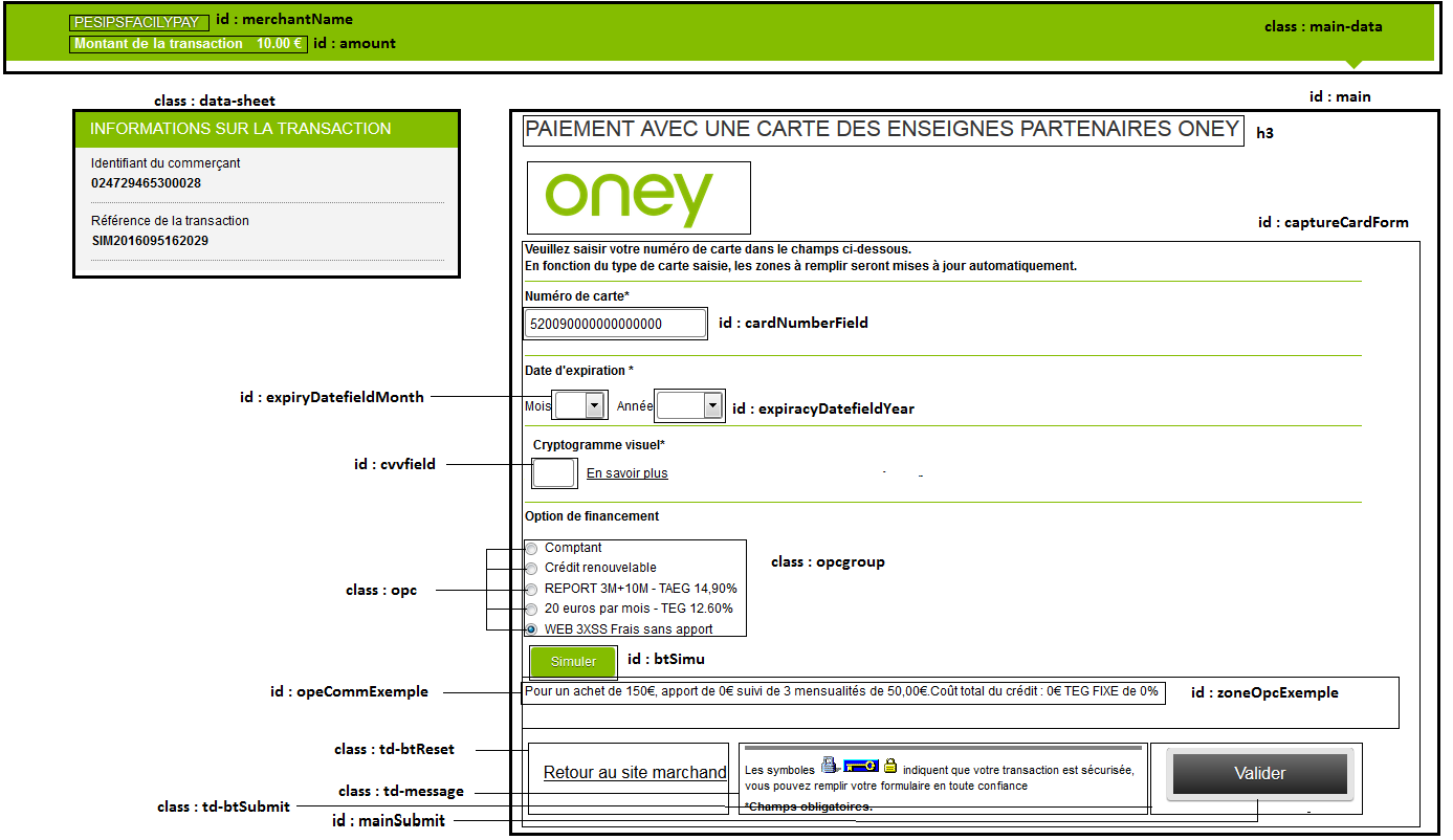 Capture d'écran de la page de paiement avec une carte Oney non privative