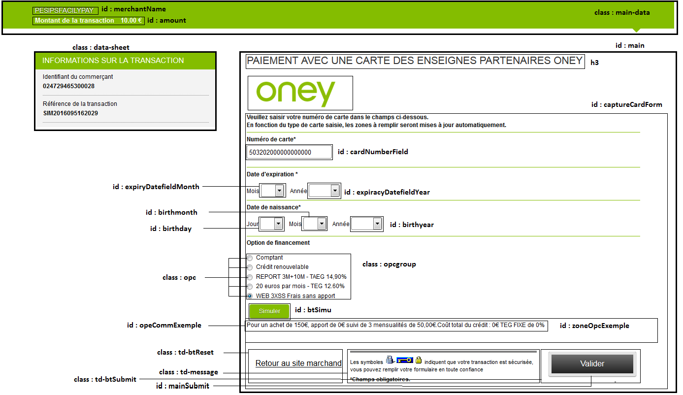 Capture d'écran de la page de paiement avec une carte Oney privative